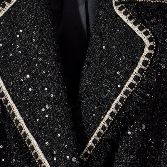 Black Elegant Women's Tweed Sequin Double Breasted Lapel Collar Overcoat Jacket - Picture 10 of 14